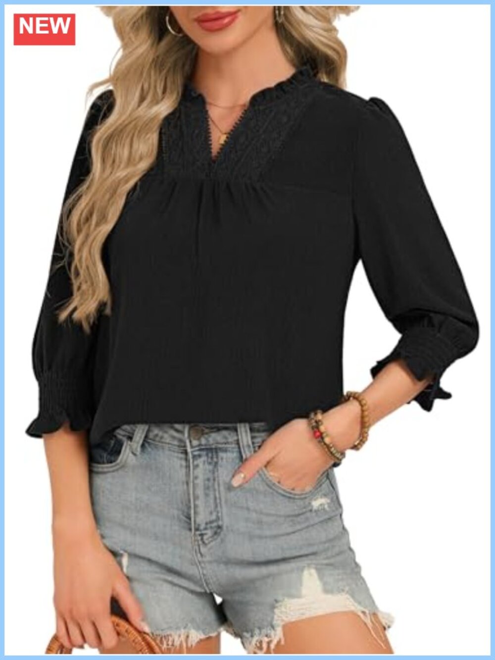 3/4 Sleeve Ruffle V Neck Lace Crochet Blouse with Smocked Cuffs